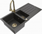 Granitinė virtuvinė plautuvė Mexen Andres su mai&scaron;ytuvu ir sifonu, Black granite/Gold
