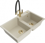 Granitinė virtuvinė plautuvė Mexen Tomas su mai&scaron;ytuvu ir sifonu, Beige/Black/Gold
