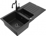 Granitinė virtuvinė plautuvė Mexen Matias su mai&scaron;ytuvu ir sifonu, Metallic black/Silver/Black