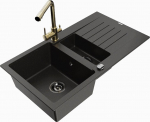 Granitinė virtuvinė plautuvė Mexen Matias su mai&scaron;ytuvu ir sifonu, Metallic black/Gold
