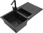 Granitinė virtuvinė plautuvė Mexen Matias su mai&scaron;ytuvu ir sifonu, Metallic black/Silver/Black