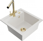 Granitinė virtuvinė plautuvė Mexen Vito su mai&scaron;ytuvu ir sifonu, White+Gold