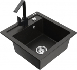 Granitinė virtuvinė plautuvė Mexen Vito su mai&scaron;ytuvu ir sifonu, Metallic black/gold+Black