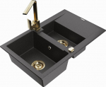 Granitinė virtuvinė plautuvė Mexen Gaspar su mai&scaron;ytuvu ir sifonu, Black granite/Gold