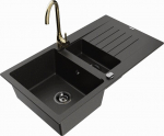 Granitinė virtuvinė plautuvė Mexen Matias su mai&scaron;ytuvu ir sifonu, Metallic black/Gold