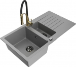 Granitinė virtuvinė plautuvė Mexen Matias su mai&scaron;ytuvu ir sifonu, Grey/Black/Gold