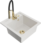 Granitinė virtuvinė plautuvė Mexen Vito su mai&scaron;ytuvu ir sifonu, White+Black/Gold