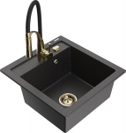 Granitinė virtuvinė plautuvė Mexen Vito su mai&scaron;ytuvu ir sifonu, Black granite/Black/Gold