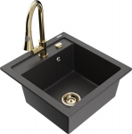 Granitinė virtuvinė plautuvė Mexen Vito su mai&scaron;ytuvu ir sifonu, Black granite+Gold