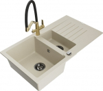 Granitinė virtuvinė plautuvė Mexen Matias su mai&scaron;ytuvu ir sifonu, Beige/Black/Gold