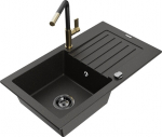 Granitinė virtuvinė plautuvė Mexen Pablo su mai&scaron;ytuvu ir sifonu, Metallic black/Black/Gold