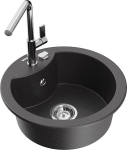 Granitinė virtuvinė plautuvė Mexen Diego su mai&scaron;ytuvu ir sifonu, Black granite/Chrome