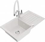 Granitinė virtuvinė plautuvė Mexen Pablo su mai&scaron;ytuvu ir sifonu, White+White/Chrome