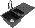 Granitinė virtuvinė plautuvė Mexen Andres su mai&scaron;ytuvu ir sifonu, Metallic black/silver/chrome