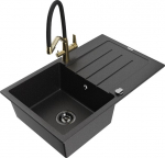 Granitinė virtuvinė plautuvė Mexen Bruno su mai&scaron;ytuvu ir sifonu, Metallic black/silver/black/gold