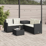 Sodo sofa su stalu/pagalvėlėmis, juoda, poliratanas, l formos