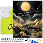 Tapyba pagal skaičius auksiniais blizgiais dažais ANT JUODOS DROBĖS Rėmelyje Oh Art! Peizažas "Auksinis Mėnulis" 40x50 cm