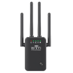 Belaidis signalo stiprintuvas su 4 antenomis, 2,4 GHz WiFi diapazono plėtikliu, eterneto prievadu, WEP, WPA ir WPA2 palaikymu, kartotuvo, AP ir mar&scaron;ruto parinktuvo režimais, skirta i&scaron;plėsti aprėptį ir saugius ry&scaron;ius, juoda
