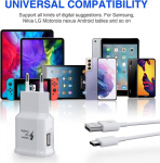 Usb įkroviklis su usb type-c įkrovimo laidu greito įkrovimo laidas, skirtas samsung galaxy s8 s8+ s9 plus s9+ s10 plus s10e s20 a50 a51 a15 a14 a13 a20 a34 a42 5g note 8/9, originalaus greito įkroviklio pakaitalas (baltas)