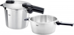 Fissler Vitaquick Premium slėginis puodas, 2 dalių rinkinys (2 slėginiai puodai su metaliniu dangčiu 3.5l + 6l, 1 papildomas stiklinis dangtis) - indukcinis