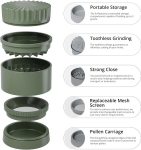 Toothless žolelių smulkintuvas, skersmuo 63 mm, padengtas nano keramika, kad nesuliptų, 5 dalių su įmontuotu laikymo konteineriu dangtelyje (žalias)