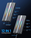 Orico 12-in-1 usb c dokas, 4k hdmi, 1080p vga, 100w pd, 5 gbps usb 3.0, 100w pd, ethernet, 5 usb duomenų prievadai, sd/tf, audio, 14 rgb ap&scaron;vietimo režimų, suderinamas su windows/mac os