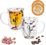 Qhyk Latte Macchiato stiklinės, dvigubos sienelės, izoliuotas stiklas su laimės medžiu, džiovintomis gėlėmis, espresso puodeliai, termostiklinės, arbatai, ledams, sultims, &scaron;altai kavai - vakarėliams ir dovanoms, 320 ml