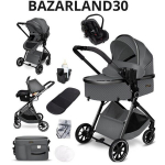 BAZARLAND30.kombinuota vežimėlis 3-in-1 automobilių kėdutė, lop&scaron;ys, ultralengvas (apie 7 kg), lietaus apsauga, uodų tinklelis. PILKAS / SIDABRINIS