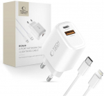 Sieninis įkroviklis su USB-C/Lightning laidu, 20W, baltas,