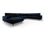 Panoraminė de&scaron;inioji kampinė velvet sofa Hebe, 6 sėdimos vietos, tamsiai mėlyna
