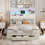 Lova 140*200 cm, su LED ap&scaron;vietimu ir USB jungtimi, dvigulė lova su keturiais stalčiais, aksomas, smėlio spalvos