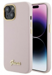 Guess silikoninis korpusas su metaliniu logotipu ir rėmeliu iPhone 15 Pro - rožinis