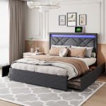Lova 160 &times; 200 cm, su LED ap&scaron;vietimu ir USB jungtimi, dvigulė lova, keturi stalčiai, tamsiai pilka, lininis audinys