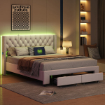 Lova 140 x 190 cm, su LED, USB, smėlio spalvos aksomas