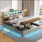 Lova 140&times;190 CM, su LED ap&scaron;vietimu ir USB sąsaja, hidrauliniu pakėlimo mechanizmu, pilka, aksominė