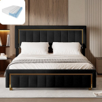 Lova 140&times;200 CM, su čiužiniu, paauksuotais apvadais, hidrauliniu būdu pakeliamu lovos rėmu, juoda, aksominis audinys