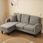 L formos kampinė sofa su chaiselongue, 3 vietų, medvilnės-linų audinys, plastikinės kojos, svetainė, butas, biuras