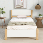 Viengulė medinė lova 90x200 cm, su galvūgaliu ir kojomis MDF, balta-natūrali