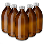 500 ml rudos spalvos stiklinis butelis PP28 su sidabriniu kam&scaron;čiu, 5 vnt. rinkinys