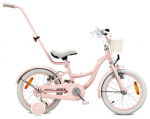 16 colių vaiki&scaron;kas dviratis mergaitėms (4-6 m.), stūmimo rankena, pagalbiniai ratukai, krep&scaron;elis, V-brake stabdžiai, Flower Retro, rožinis