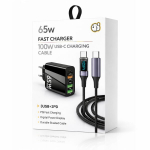 65 W greitojo įkrovimo adapteris su 3 USB ir 2 Type-C prievadais + 100 W USB-C į USB-C 5 A laidas