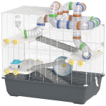 PawHut Hamsterio narvelis, 4 auk&scaron;tai, graužikų narvelis, mažų gyvūnų narvelis su bėgimo rateliu, ėdalo dubenėliu, tuneliu, nameliu, vir&scaron;utinėmis durelėmis, mažų gyvūnų narvelis, narvelis siriniams žiurkėnams 78 x 45 x 73 cm, pilkos spalvos