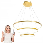 LED pakabinamas &scaron;viestuvas 3 žiedai 72W 5760lm auksinis, su pulteliu, reguliuojama spalva ir auk&scaron;tis