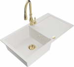 Granitinė virtuvinė plautuvė Mexen Leo su mai&scaron;ytuvu ir sifonu, White+Gold