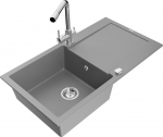 Granitinė virtuvinė plautuvė Mexen Leo su mai&scaron;ytuvu ir sifonu, Grey+Chrome