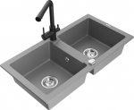 Granitinė virtuvinė plautuvė Mexen Mario su mai&scaron;ytuvu ir sifonu, Grey+Black