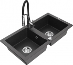 Granitinė virtuvinė plautuvė Mexen Mario su mai&scaron;ytuvu ir sifonu, Black granite+Black/Chrome