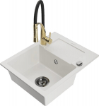 Granitinė virtuvinė plautuvė Mexen Enzo su mai&scaron;ytuvu ir sifonu, White+Black/Gold
