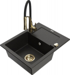 Granitinė virtuvinė plautuvė Mexen Enzo su mai&scaron;ytuvu ir sifonu, Metallic black/gold+Black/Gold