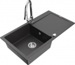 Granitinė virtuvinė plautuvė Mexen Leo su mai&scaron;ytuvu ir sifonu, Black granite+Chrome
